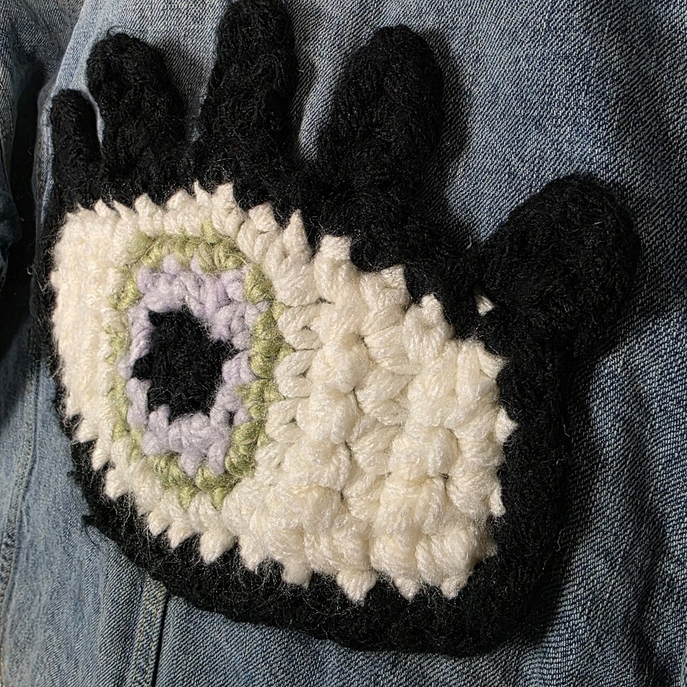 Free People L Sirius Upcycled Denim Plaid Jacket Crochet Evil Eye Jean Flannel - Picture 3 of 12